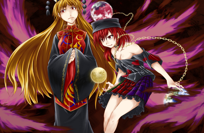2girls, ball_and_chain, blonde_hair, chain, dress, frilled_skirt, frills, hat
