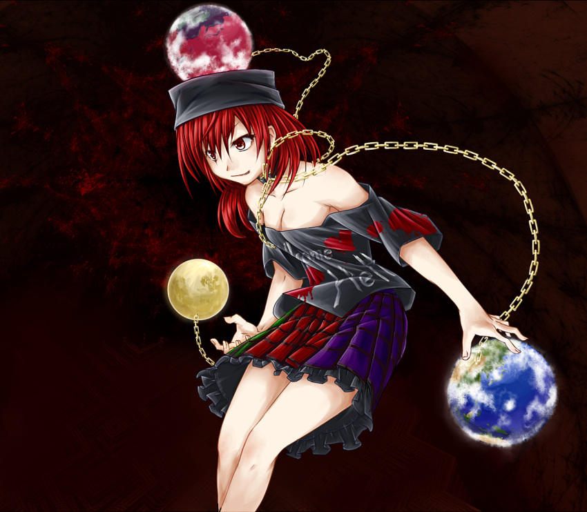1girl, ball_and_chain, chain, cleavage, frilled_skirt, frills, hat, hecatia_lapislazuli