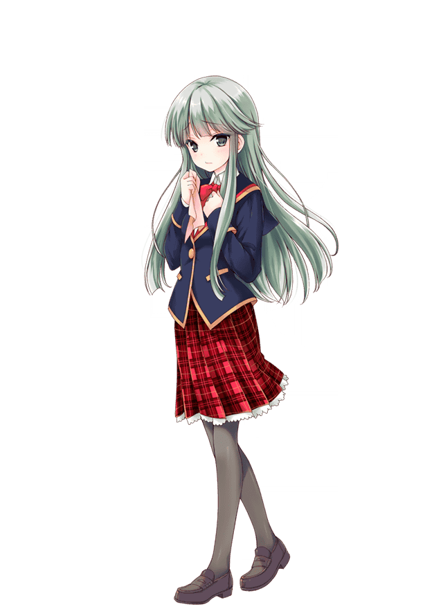 1girl, artist_request, blue_eyes, bowtie, girlfriend_(kari), green_hair, masaoka_mai, official_art, pantyhose, plaid, plaid_skirt, pleated_skirt, qp:flapper, school_uniform, shirt, shoes, simple_background, skirt, solo, transparent_background, white_background