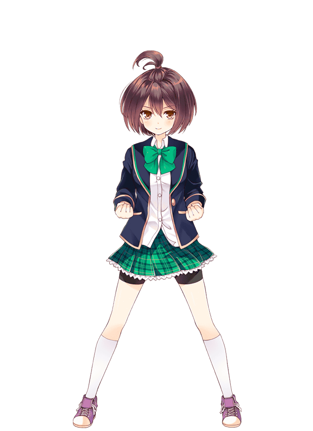 1girl, ahoge, bike_shorts, bowtie, brown_eyes, brown_hair, girlfriend_(kari), official_art, ooyama_mayuri, plaid, plaid_skirt, pleated_skirt, qp:flapper, school_uniform, shirt, short_hair, simple_background, skirt, socks, solo, white_background, white_shirt