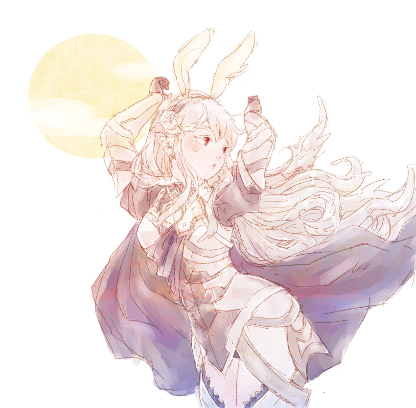 1girl, animal_ears, armor, armored_dress, black_gloves, black_legwear, blonde_hair, blush, cape, colored_eyelashes, dress, fake_animal_ears, fire_emblem, fire_emblem_if, flower, gloves, hair_flower, hair_ornament, hairband, highres, kotetsu_(hiryuunokotetsu), long_hair, my_unit_(fire_emblem_if), panties, pantyshot, pantyshot_(standing), pointy_ears, rabbit_ears, red_eyes, rose, solo, standing, thigh-highs, underwear, vambraces, white_panties, white_rose, zettai_ryouiki