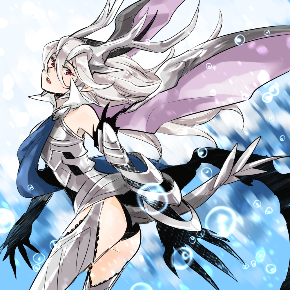 1girl, :o, armor, armored_dress, ass, bangs, black_panties, bubble, claws, dragon_girl, dragon_horns, dragon_tail, dragon_wings, dress, fire_emblem, fire_emblem_if, hair_between_eyes, hairband, horns, kano_ko, long_hair, my_unit_(fire_emblem_if), open_mouth, panties, pink_eyes, silver_hair, solo, tail, thigh-highs, underwear, vambraces, water, wings