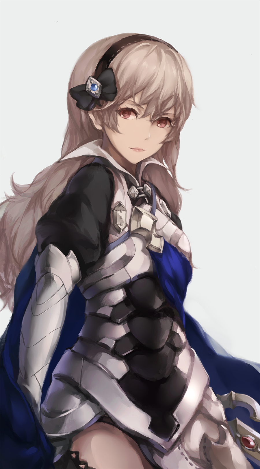 1girl, armor, armored_dress, black_bow, bow, cape, dress, fire_emblem