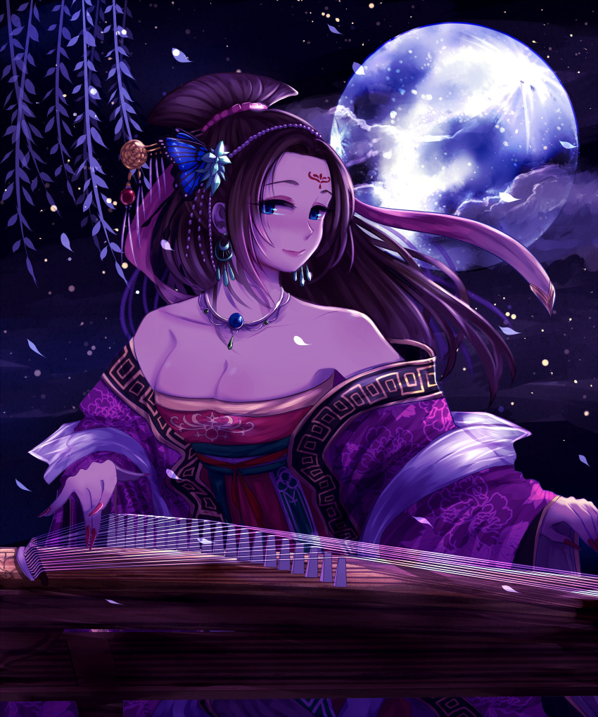 1girl, absurdres, ansung, bare_shoulders, beads, blue_eyes, breasts, brown_hair