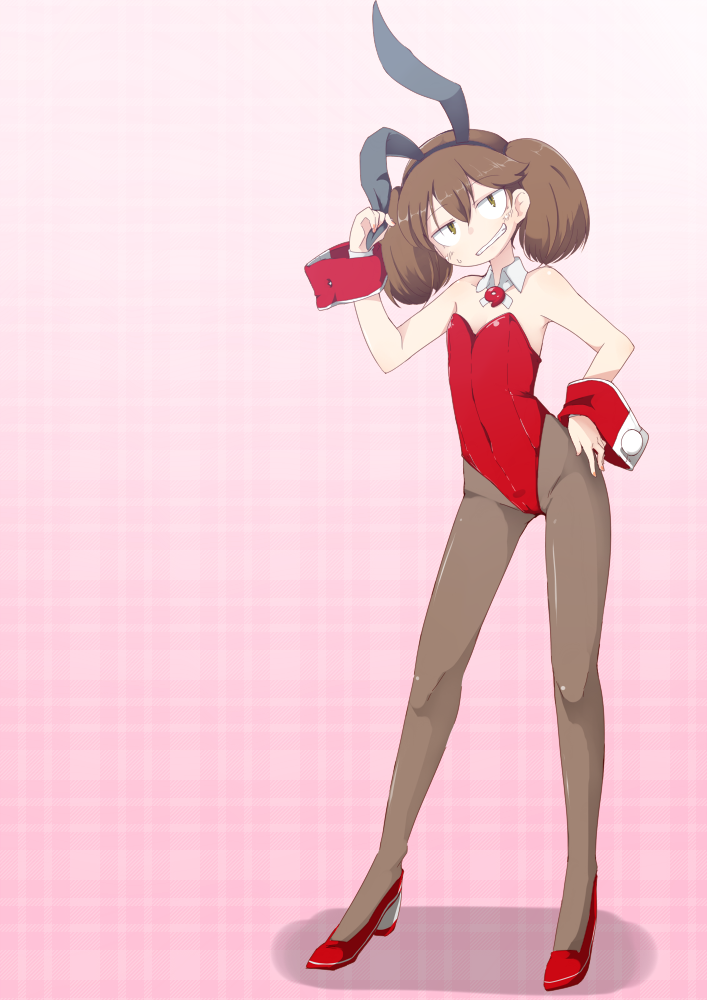 1girl, animal_ears, brown_eyes, brown_hair, bunnysuit, detached_collar, kantai_collection, long_hair, magatama, nassukun, pantyhose, rabbit_ears, ryuujou_(kantai_collection), standing, twintails, visor_cap