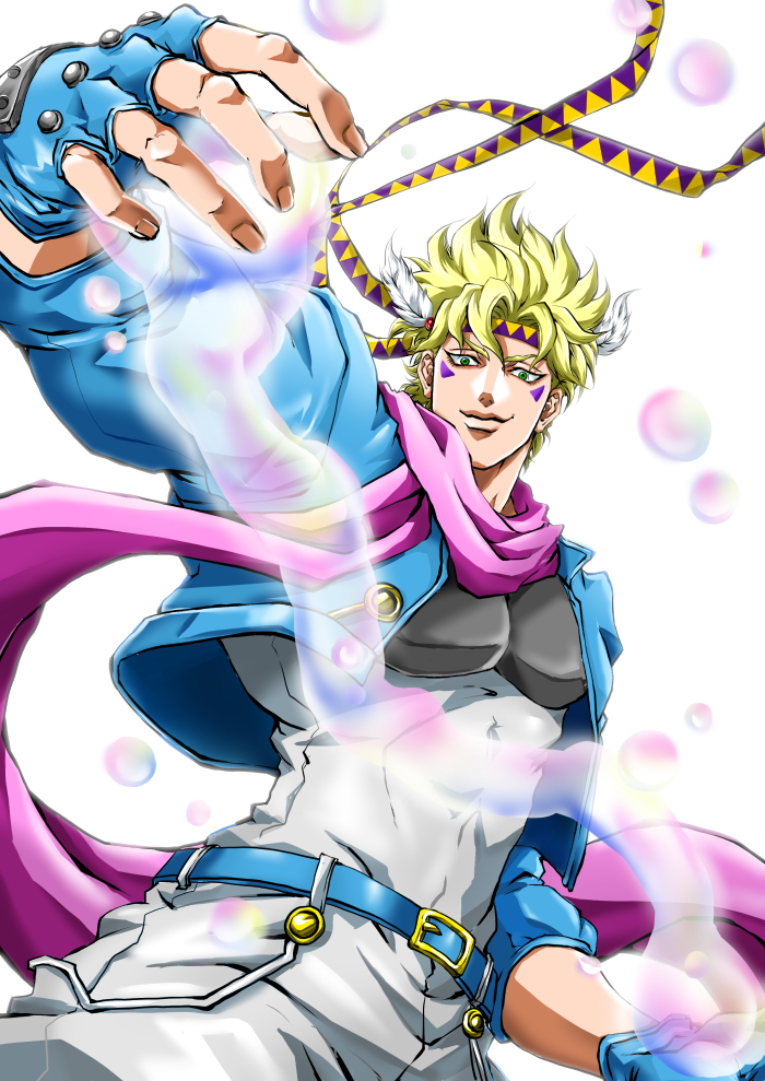 1boy, blonde_hair, bubble, caesar_anthonio_zeppeli, facial_mark, fingerless_gloves, gloves, headband