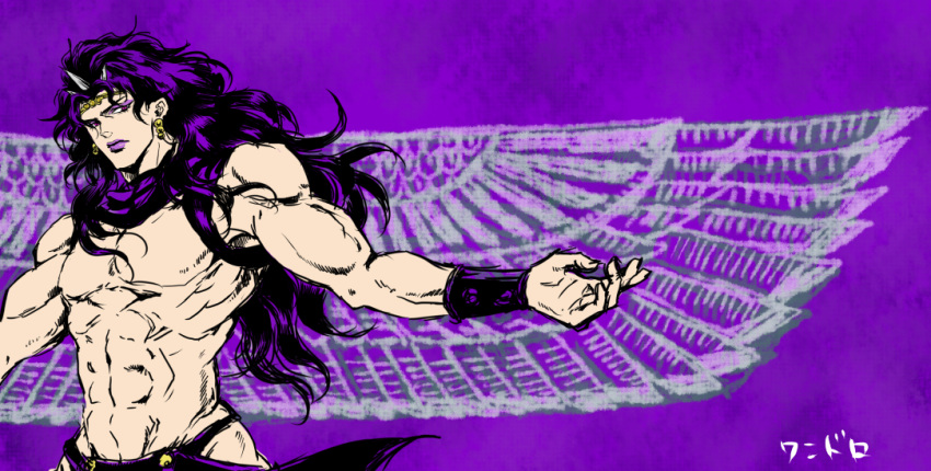 1boy, jojo_no_kimyou_na_bouken, kars_(jojo), muscle, musubi_(livnehe), purple_hair, solo, wings