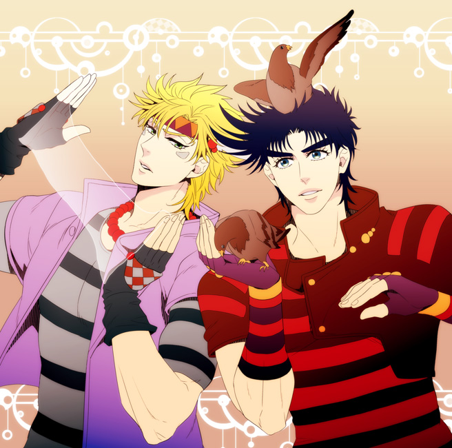 2boys, animal_on_head, bird, bird_on_head, black_hair, blonde_hair, caesar_anthonio_zeppeli, facial_mark