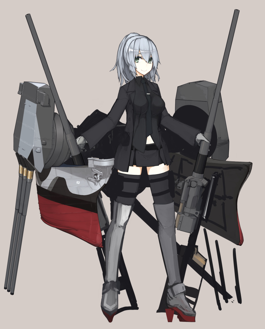 1girl, absurdres, anchor, battleship, beige_background, between_breasts, boots, breasts