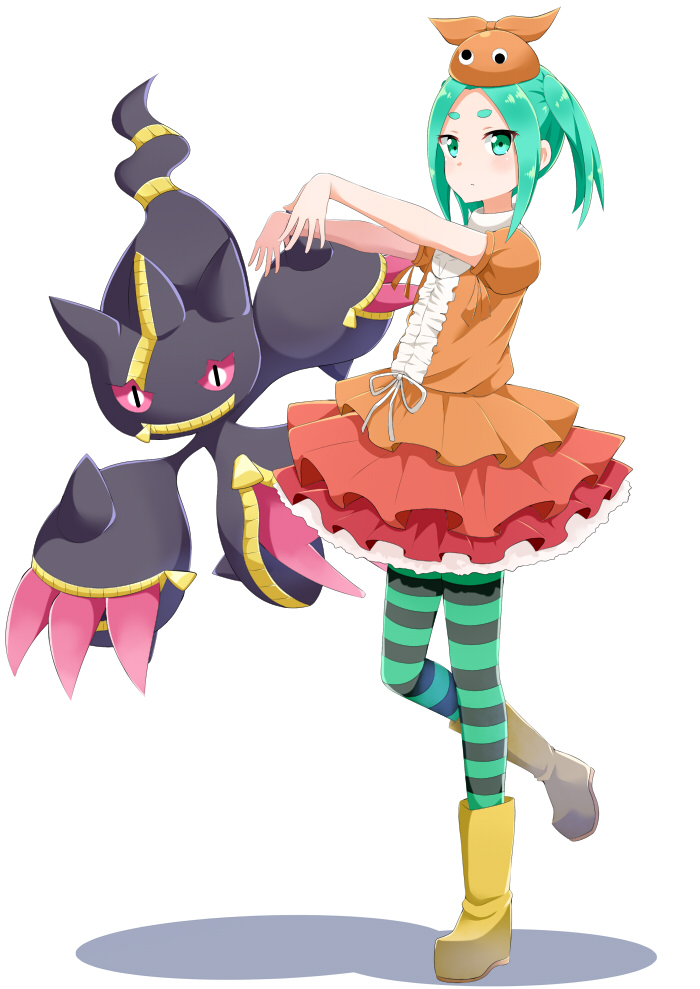 1girl, aqua_hair, banette, crossover, dress, eyebrows, green_eyes, hat