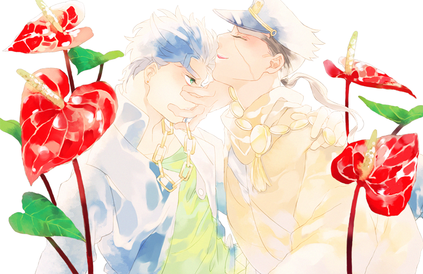 2boys, black_hair, blue_hair, flower, jojo_no_kimyou_na_bouken, kuujou_joutarou, glassesneko, mohammed_avdol, multiple_boys, pastel