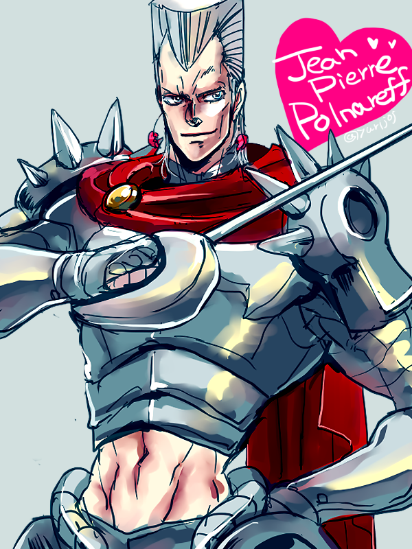 armor, fusion, grey_hair, jean_pierre_polnareff, jojo_no_kimyou_na_bouken, midriff, rapier, silver_chariot