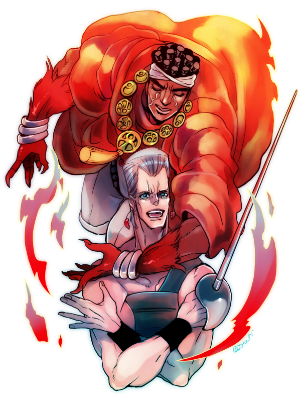 2boys, brown_hair, dark_skin, fire, grey_hair, jean_pierre_polnareff, jojo_no_kimyou_na_bouken, mohammed_avdol