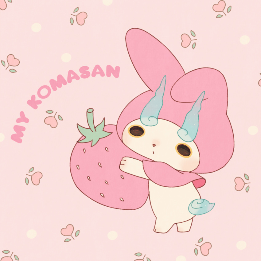 animal_ears, character_name, food, fruit, kanacho, koma-san, no_humans, onegai_my_melody, pink_background, rabbit_ears, simple_background, strawberry, youkai, youkai_watch