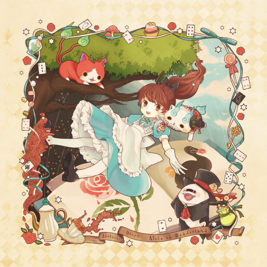 1girl, absurdres, alice_(wonderland), alice_(wonderland)_(cosplay), alice_in_wonderland, bird, black_tea, blue_sky