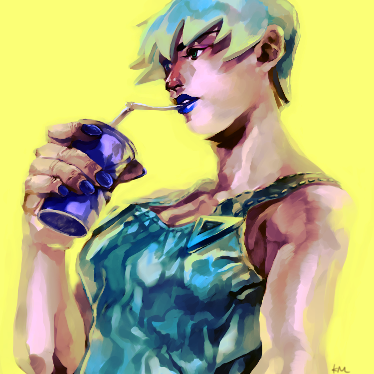 1girl, blue_lipstic, blue_nails, drink, drinking, foo_fighters, green_hair, jojo_no_kimyou_na_bouken, kurasquall, nail_polish, overalls, short_hair, solo
