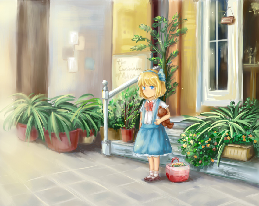 1girl, alice_margatroid, alice_margatroid_(pc-98), blonde_hair, blue_eyes, blue_skirt, bow, brown_shoes