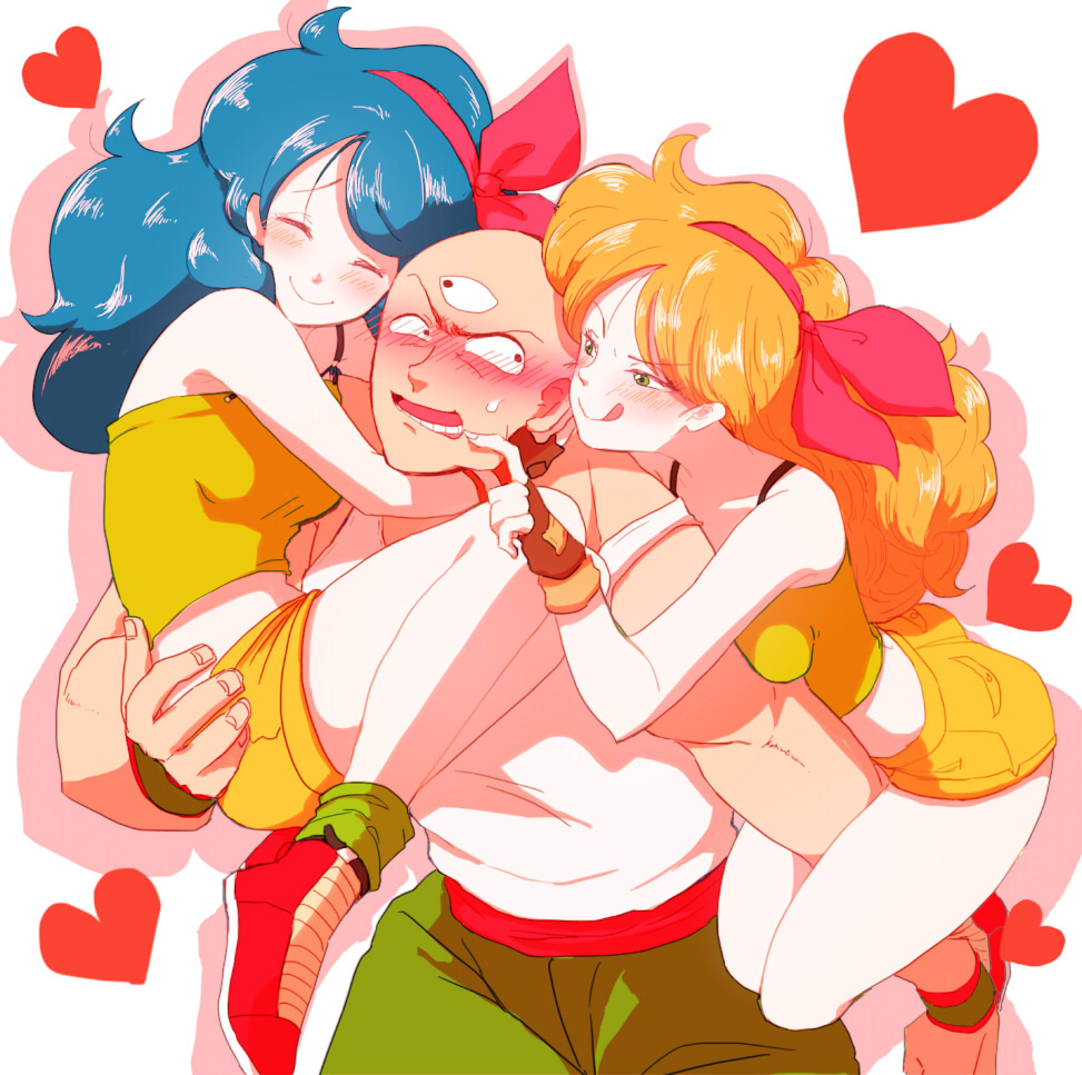 1boy, 2girls, blonde_hair, blue_hair, blush, dragon_ball, heart, long_hair