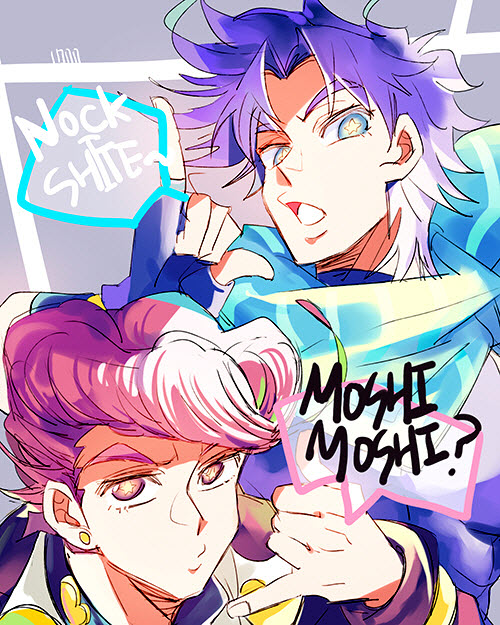 2boys, blue_eyes, father_and_son, gakuran, hand_phone, higashikata_jousuke, jojo_no_kimyou_na_bouken, joseph_joestar_(young)