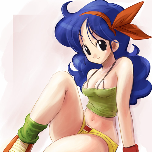 blue_hair, cute, dragon_ball, haruyama_kazunori, long_hair, looking_at_viewer, lunch_(dragon_ball), short_shorts