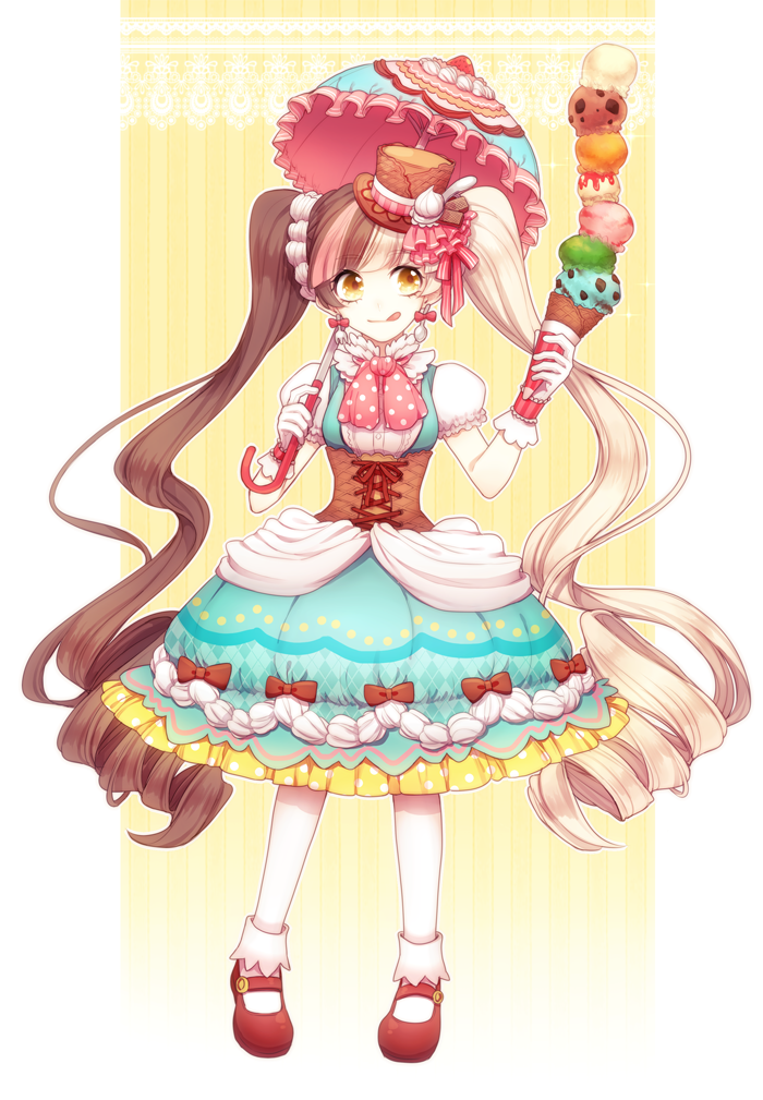 blonde_hair, bow, brown_hair, corset, curly_hair, dress, earrings, food_themed_clothes