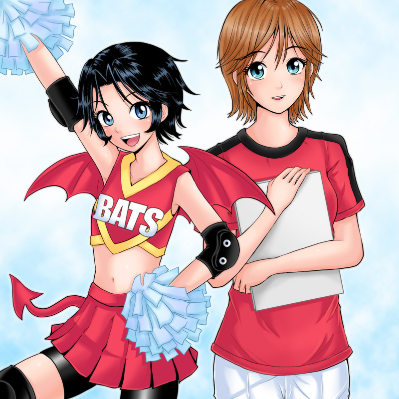 2girls, anezaki_mamori, black_hair, brown_hair, cheerleader, eyeshield_21, looking_at_viewer, short_hair