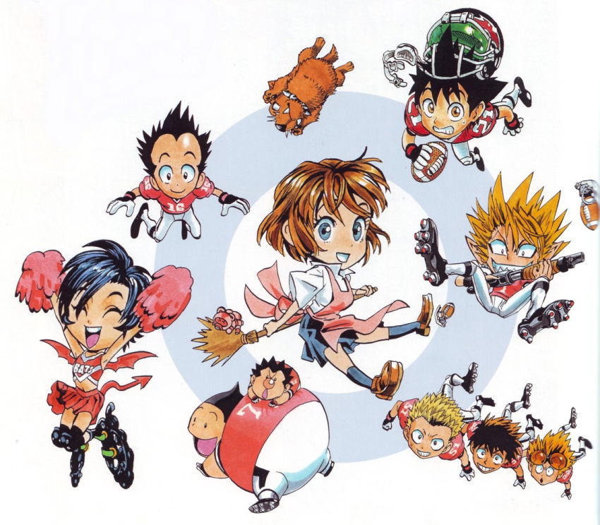 2girls, anezaki_mamori, black_hair, blonde_hair, brown_hair, chibi, eyeshield_21, hiruma_youichi