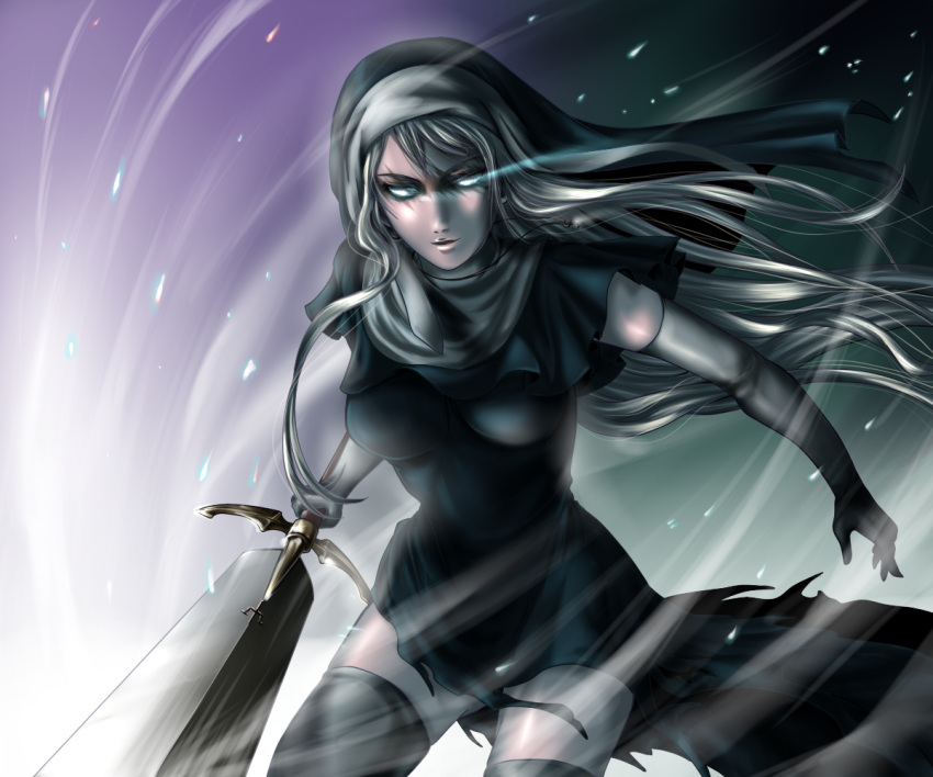 1girl, ass_visible_through_thighs, blonde_hair, breasts, claymore, claymore_(sword), galatea, large_breasts