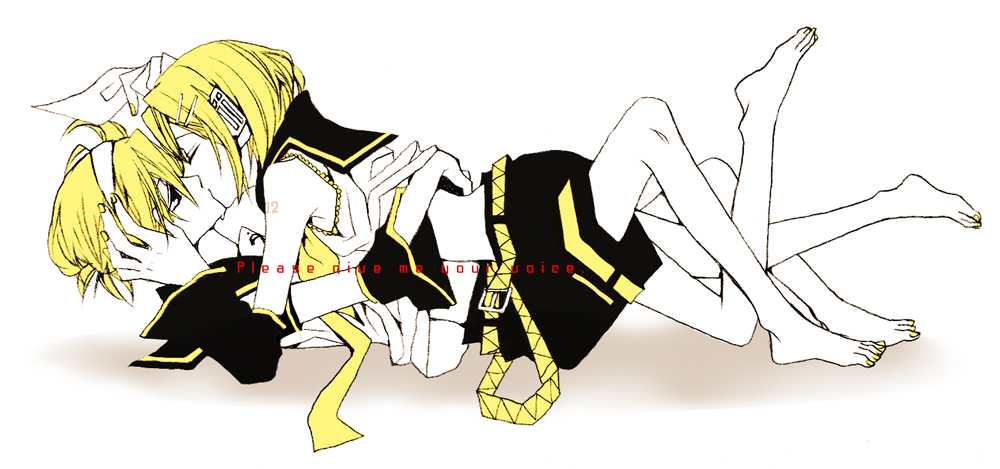 blonde_hair, brother_and_sister, closed_eyes, feet, girl_on_top, hair_ornament, hair_ribbon, hairclip, headphones, incest, kagamine_len, kagamine_rin, kira_(pichica), kiss, lying, ribbon, short_hair, shorts, siblings, twincest, twins, vocaloid