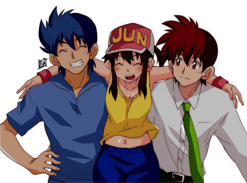 1girl, 2boys, bakusou_kyoudai_let's_&amp;_go!!, black_hair, blue_hair, brothers, brown_hair, facial_hair
