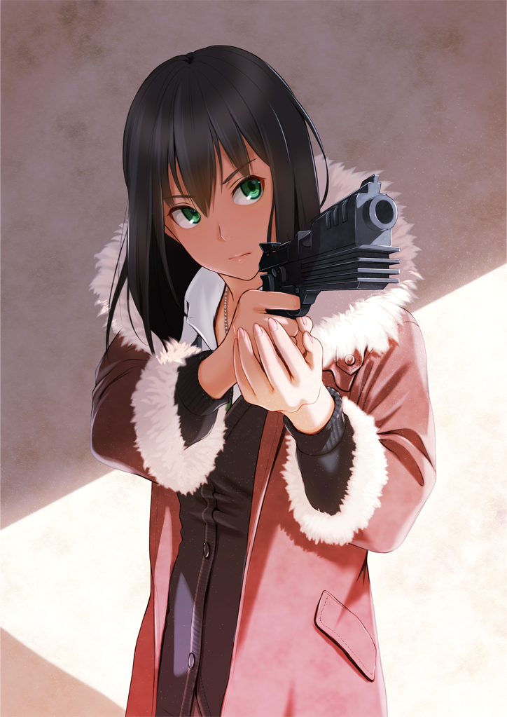 1girl, brown_hair, green_eyes, gun, idolmaster, idolmaster_cinderella_girls, jacket, long_hair