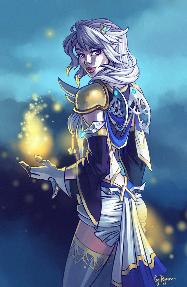 1girl, detached_sleeves, gloves, lips, neryumo, purple_hair, purple_skin, solo, thigh-highs, violet_eyes, warcraft