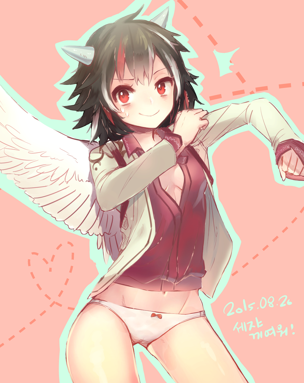 1girl, black_hair, breasts, cleavage, dated, dressing, highres, horns