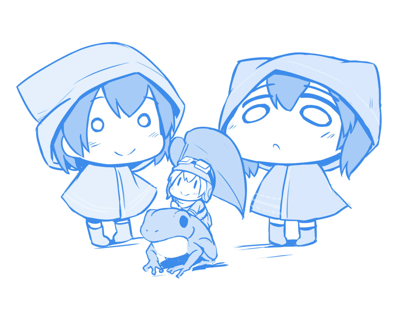 3girls, chibi, fairy_(kantai_collection), frog, hiryuu_(kantai_collection), kantai_collection, leaf_umbrella, monochrome