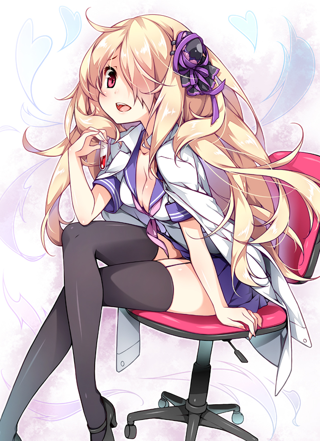 1girl, black_legwear, blonde_hair, blush, breasts, chair, cleavage, crossed_legs