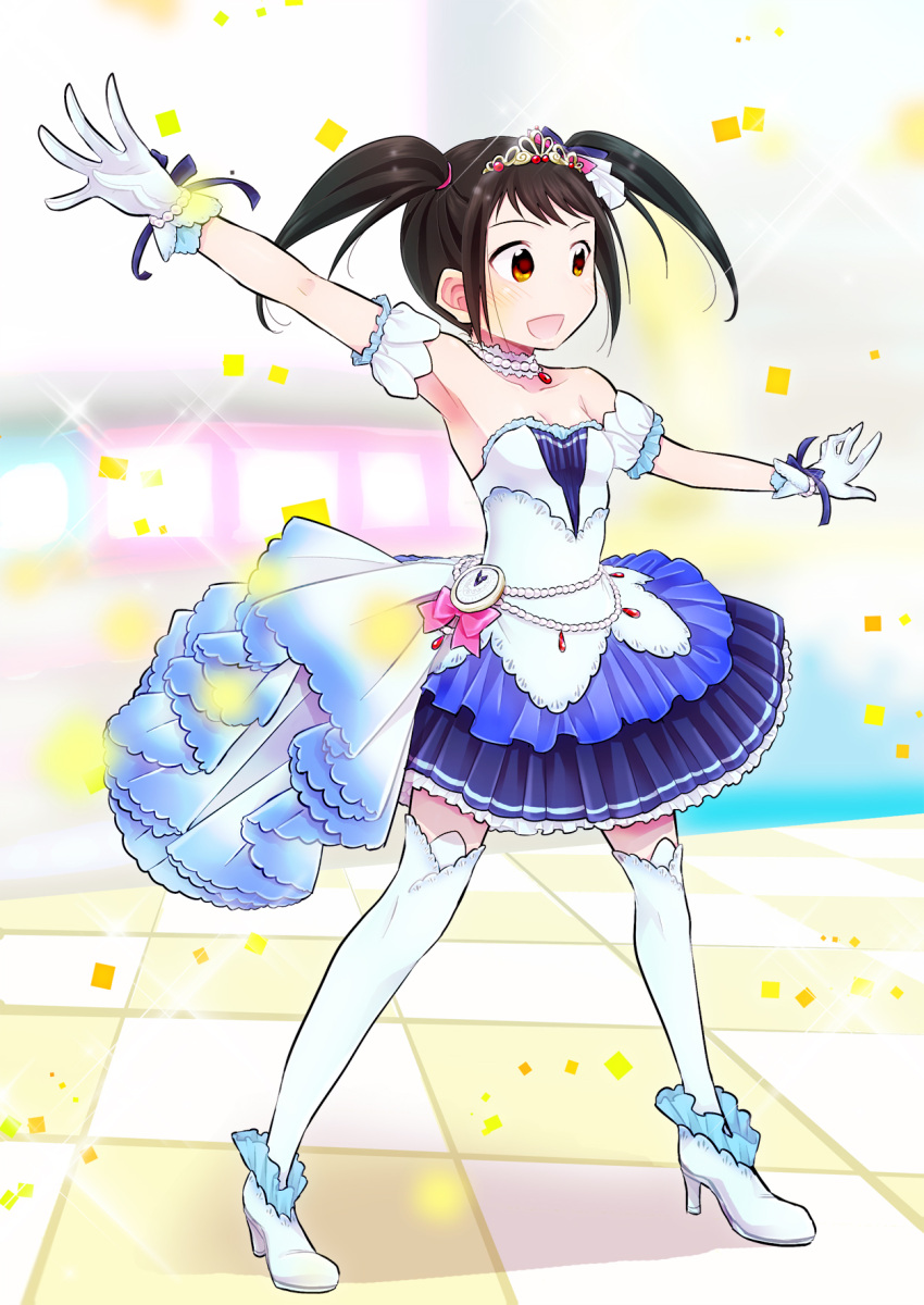 1girl, black_hair, brown_eyes, dress, highres, idolmaster, idolmaster_cinderella_girls, long_hair, nakano_yuka, open_mouth, shinkai_kiiro, smile, solo, thigh-highs, tiara, twintails