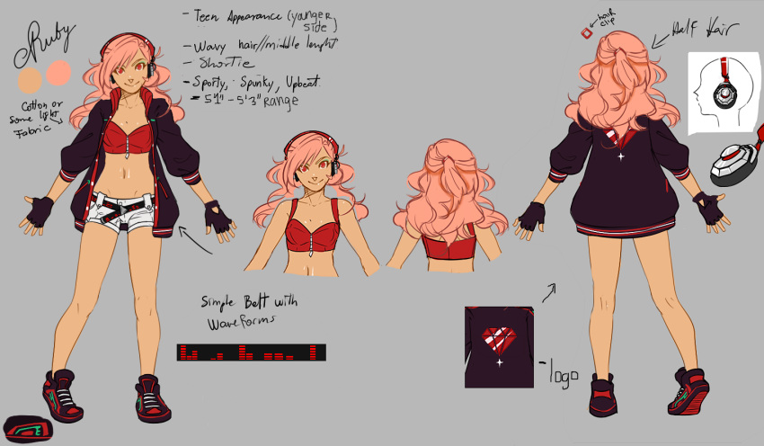 1girl, belt, breasts, curly_hair, d_artemi, fingerless_gloves, hair_tie, headphones, jacket, latin, long_hair, mini_shorts, misha, navel, red_eyes, redhead, reference, ruby, short_shorts, sneakers, sport_jacket, vocaloid, vocaloid_4