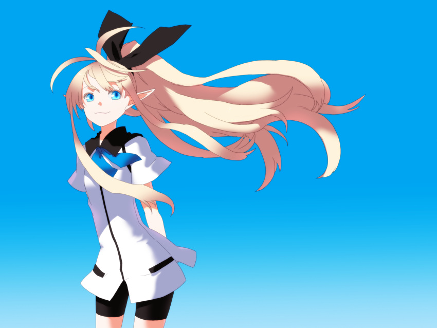 bad_id, blonde_hair, blue_eyes, highres, ira96, long_hair, pointy_ears, ribbon