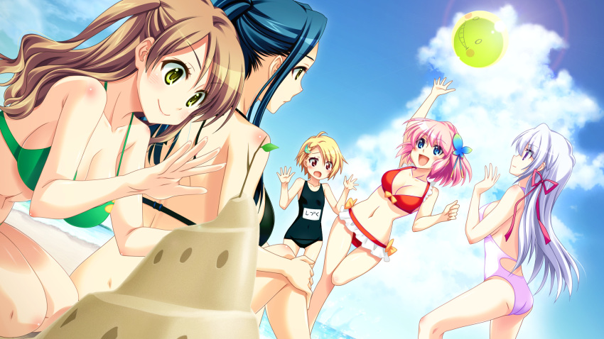 5girls, asai_sae, ball, bare_shoulders, beach, beachball, bikini, blonde_hair