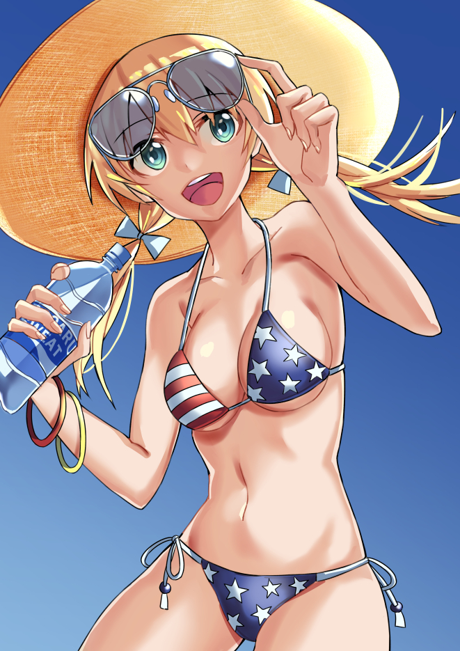 1girl, :d, american_flag_bikini, aqua_eyes, bikini, blonde_hair, blue_background, bottle