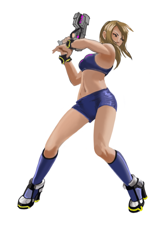 1girl, blonde_hair, gun, heartgear, high_heels, metroid, ponytail, samus_aran, short_shorts, shorts, solo, sports_bra, super_smash_bros., weapon, wristband
