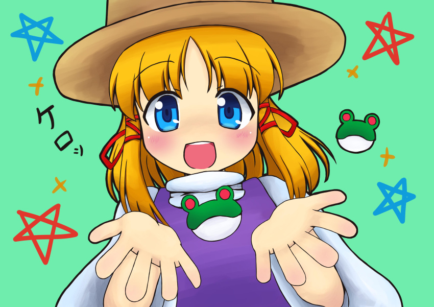 1girl, absurdres, blonde_hair, blue_eyes, blush, frog, hair_ornament, hair_ribbon