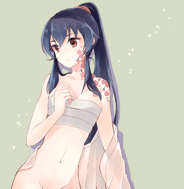 1girl, black_hair, ichinomiya_(blantte), kantai_collection, long_hair, ponytail, red_eyes, sarashi