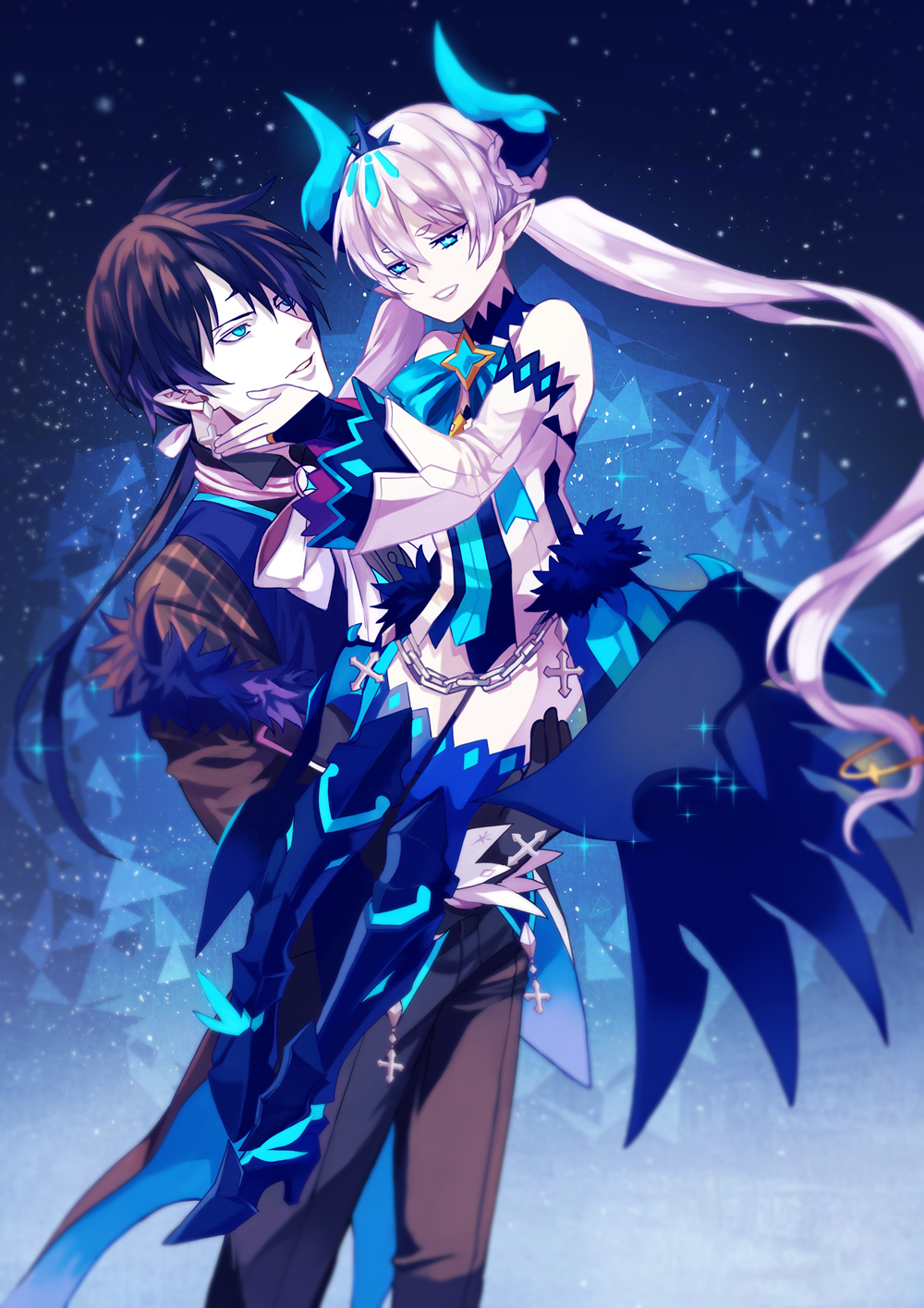 1boy, 1girl, black_gloves, black_hair, blue_background, blue_boots, blue_bow, blue_eyes