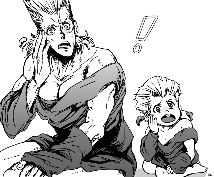 2boys, age_regression, dual_persona, earrings, emiko, hand_on_own_face, jean_pierre_polnareff, jewelry
