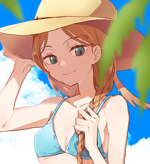 1girl, bangs, bikini, blue_bikini, blue_eyes, blue_sky, blurry, braid