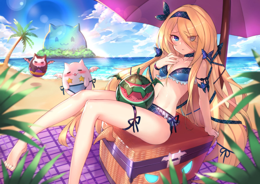 1girl, :3, beach, bikini, blonde_hair, blue_eyes, blue_sky, blush