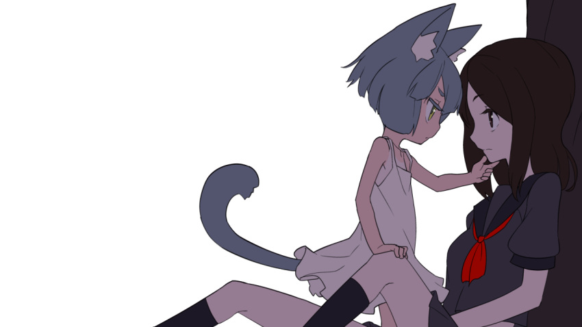 2girls, animal_ears, black_legwear, blue_hair, brown_eyes, brown_hair, cat_ears, cat_tail