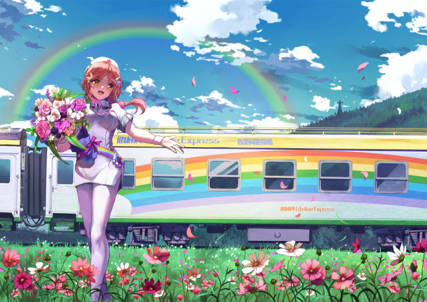 1girl, belt, bouquet, braid, clouds, dress, field, flower