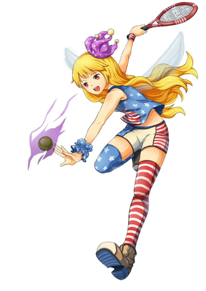 1girl, absurdres, action, adapted_costume, american_flag_legwear, american_flag_shirt, ball, blonde_hair
